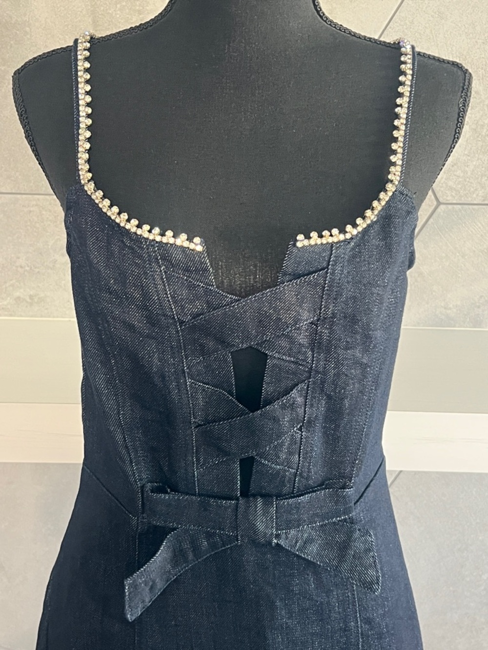 Bebe BOW DETAIL RHINESTONE STRAP GLITTER DENIM DRESS 🎀 - Picture 7 of 13